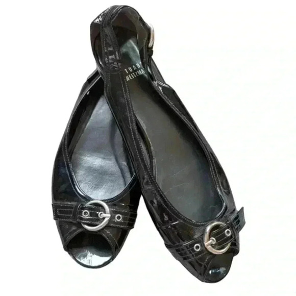 Stuart Weitzman Chit  Chat Flats Peep Toe Patent Leather Black Silver Women's 9 - Picture 2 of 16
